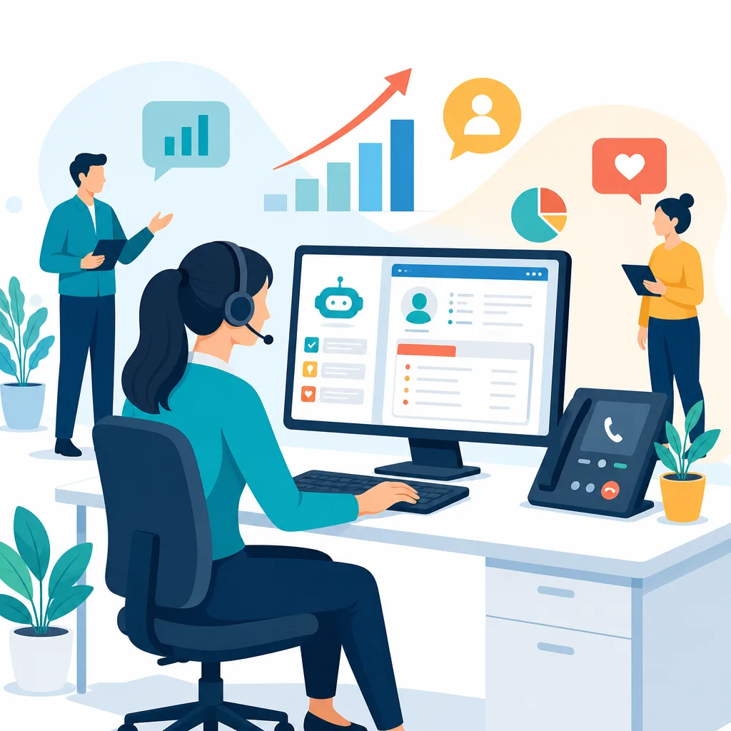 Оператор колл-центра с интерфейсом ИИ-суфлёра и карточкой CRM на экране