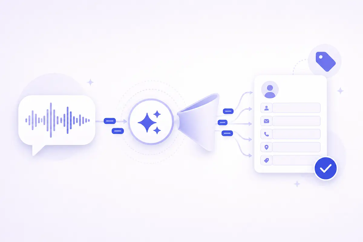 Схема: из разговора извлекаются данные и записываются в поля сделки amoCRM